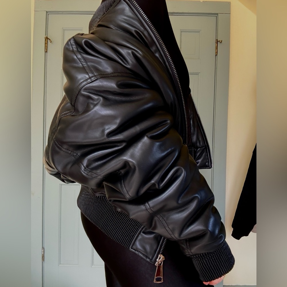 Good American Black Faux Vegan Leather Bomber Jacket L/XL - Picture 4 of 14